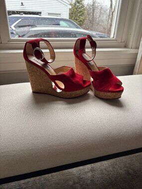 Red suede Jimmy Choo Neyo 120 wedges with cork heel and ankle strap